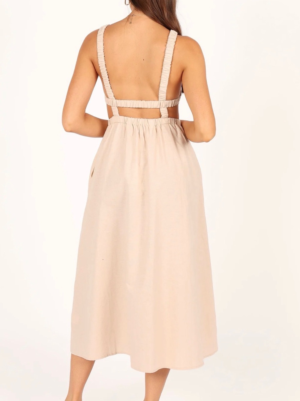 Petal & Pup Beige Linen-Blend Aubrey Cutout Pocket Midi Dress Size 8 boho - Picture 4 of 8